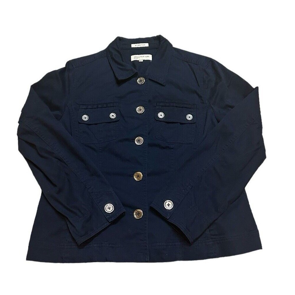 Shacket jacket Jones NY sport stretch silver buttons dark navy blue L preppy